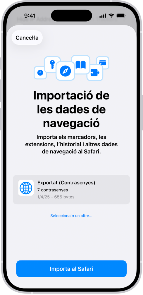 La pantalla d’importació de les dades de navegació, en què es mostra l’arxiu CSV de contrasenyes d’un altre gestor de contrasenyes que s’importarà.