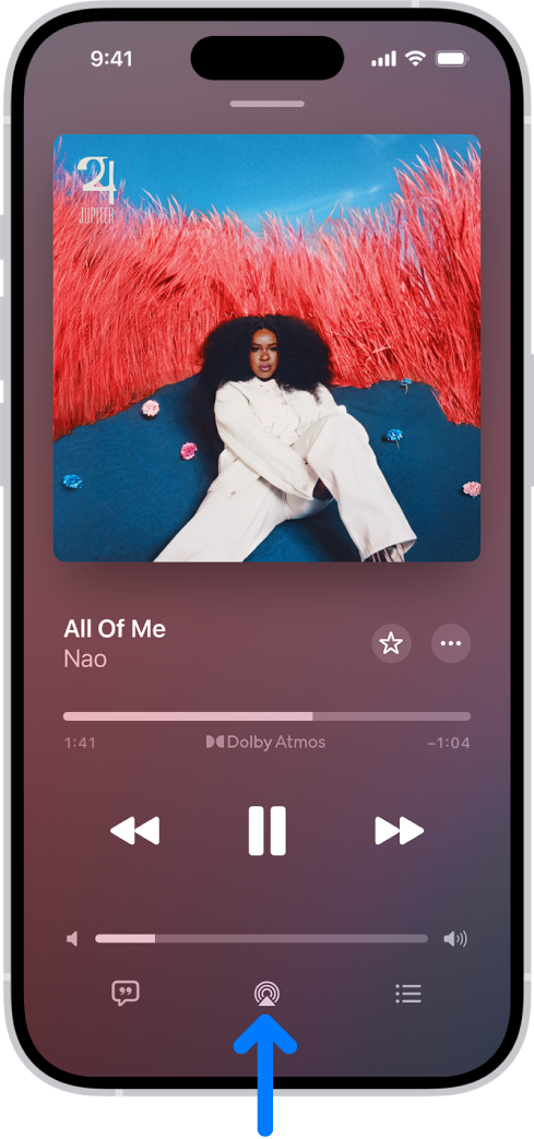 Controls de reproducció de l’app Música, inclòs el botó “Destinació de reproducció” de la part inferior de la pantalla.