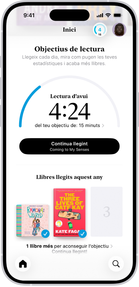 La pantalla “Objectius de lectura” mostra les estadístiques de l’usuari, com ara la lectura d’avui, el rècord de lectura de la setmana i els llibres que ha llegit aquest any. A la part inferior de la pantalla hi ha les pestanyes “Inici” (que està seleccionada), “Biblioteca”, “Botiga”, “Audiollibres” i “Cerca”.