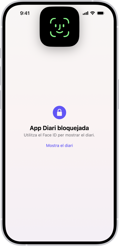 Pantalla en què es suggereix que configuris el Face ID per desbloquejar el diari.