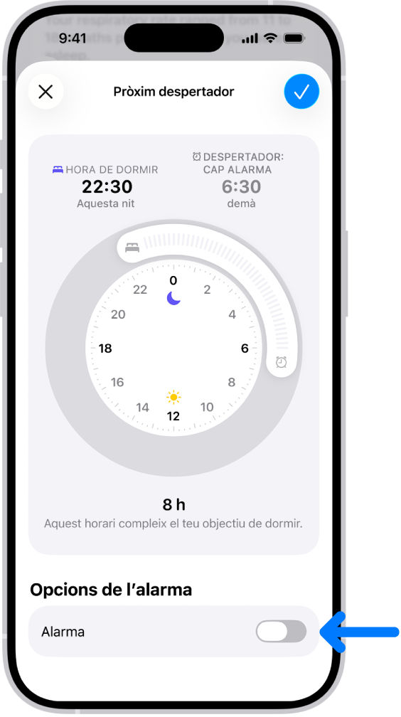 Pantalla Pròxim despertador amb l’opció “Alarma” desactivada a la part inferior.