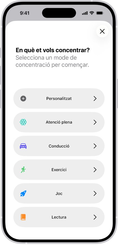 Pantalla de configuració dels modes de concentració de les opcions de concentració addicionals proporcionades, incloses “Personalitzat”, “Conducció”, “Fitnes”, “Jocs”, “Atenció plena” i “Lectura”.
