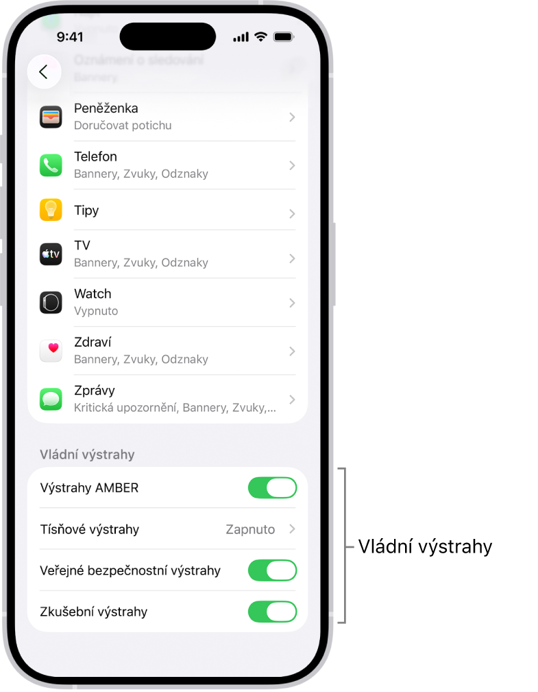 Obrazovka oznámení s vládními výstrahami, jejichž příjem si můžete zapnout