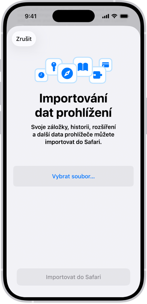 Obrazovka „Importování dat prohlížení“ s výzvou, abyste vybrali importovaný soubor.