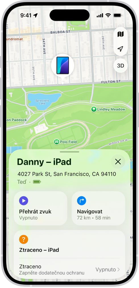 Obrazovka aplikace Najít s polohou iPadu na mapě v horní části displeje
