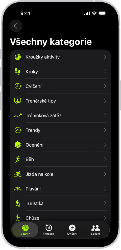Obrazovka v aplikaci Kondice, na které se zobrazuje seznam fitness kategorií.