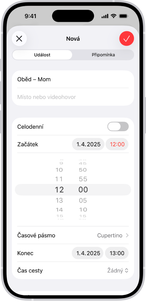 Událost v kalendáři s nastavením času a časového pásma události