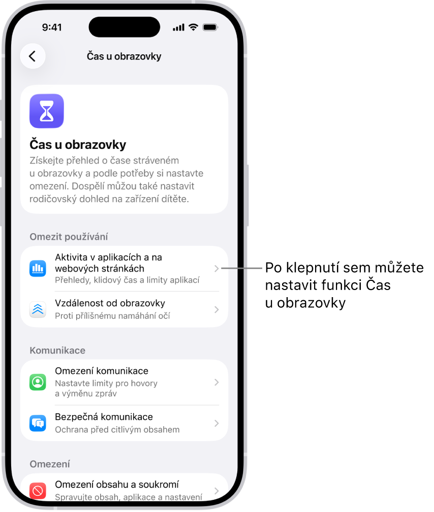 Obrazovka nastavení Času u obrazovky s informací o tom, že můžete začít klepnutím na tlačítko „Aktivita v aplikacích a na webových stránkách“