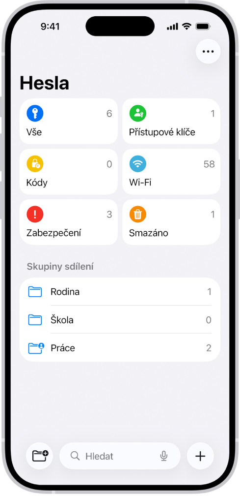 Výchozí obrazovka aplikace Hesla s tlačítky Vše, Přístupové klíče, Ověřovací kódy, Wi‑Fi, Zabezpečení a Smazané a se seznamem skupin sdílení.