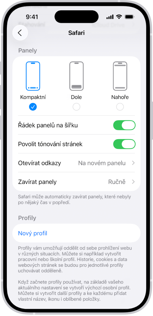 Obrazovka se třemi volbami rozložení Safari: Kompaktní, Dole a Nahoře
