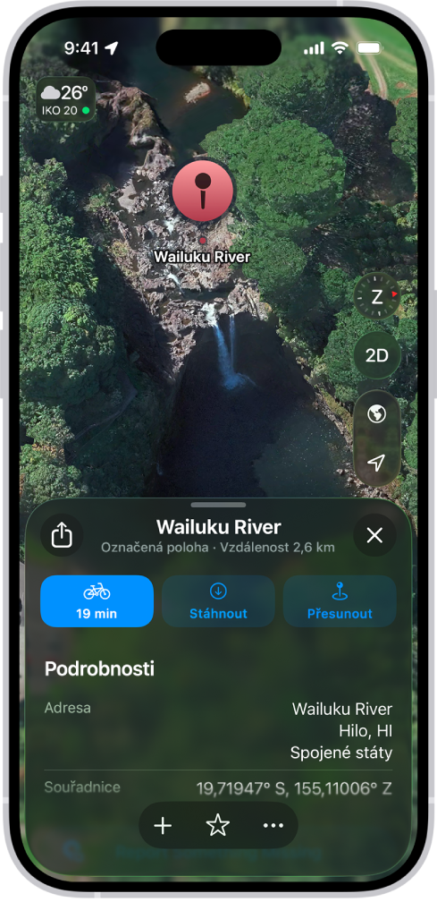 Mapa se špendlíkem označujícím místo v parku. Pod ním se zobrazí tlačítka pro získání pokynů k danému špendlíku, stažení jeho okolí nebo jeho přesunutí.