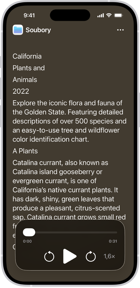 Obrazovka čtečky zpřístupnění s textem z aplikace Soubory zobrazeným větším písmem na černém pozadí