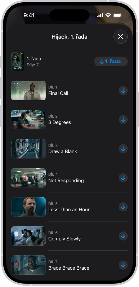 Panel Apple TV se seznamem dílů seriálu Apple Original Na pravé straně displeje jsou vidět talčítka pro stažení celé řady a jednotlivých dílů.