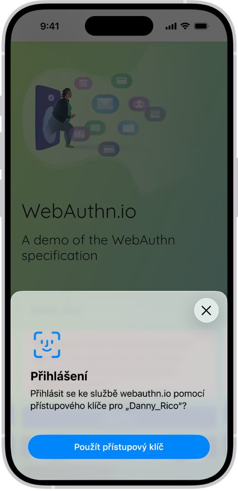 V dolní polovině obrazovky iPhonu je vidět volba pro přihlášení k webové stránce pomocí přístupového klíče