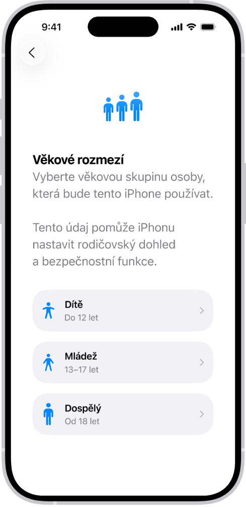 Obrazovka nastavení věkového rozpětí. V seznamu jsou uvedena tři věková rozpětí: Dítě (12 let nebo mladší), Mládež (13 až 17 let) a Dospělý (18 a více let).