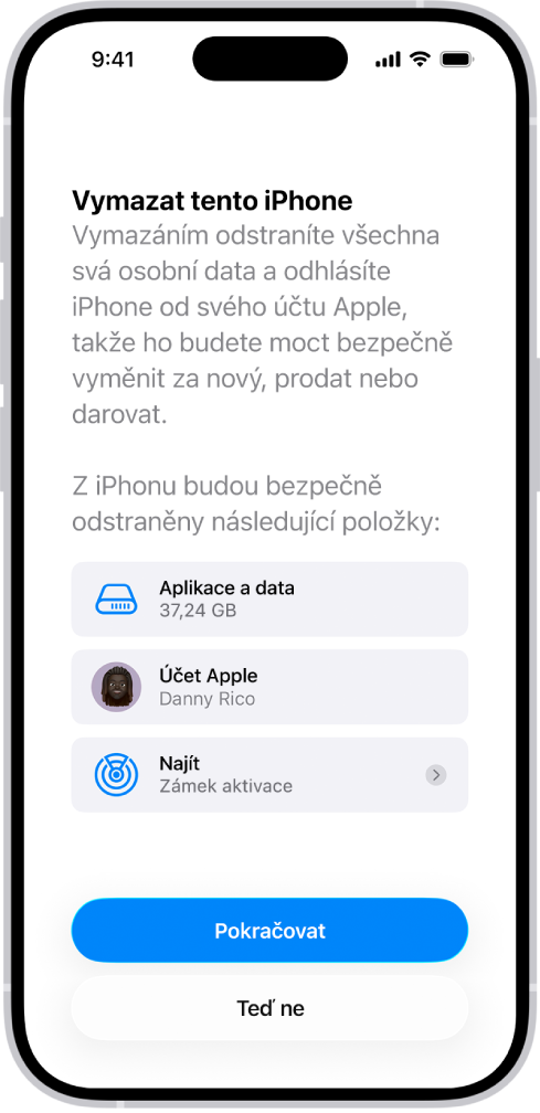 Obrazovka Vymazat tento iPhone.