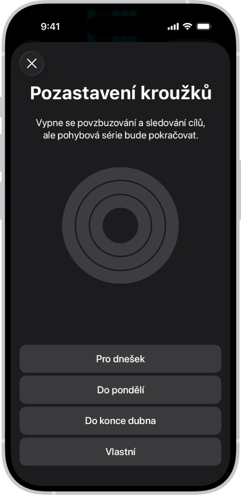 Obrazovka Pause Your Rings v aplikaci Kondice, na které se zobrazují možnosti pozastavení kroužků aktivity.