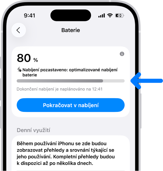 Karta s informacemi o nabíjení v nastavení baterie na iPhonu. Na kartě je uvedeno, že je baterie nabitá na 80 %, a zobrazuje se zpráva „Nabíjení pozastaveno: optimalizované nabíjení baterie“. Dokončení je naplánováno na 0:41 a k dispozici je volba „Pokračovat v nabíjení“.