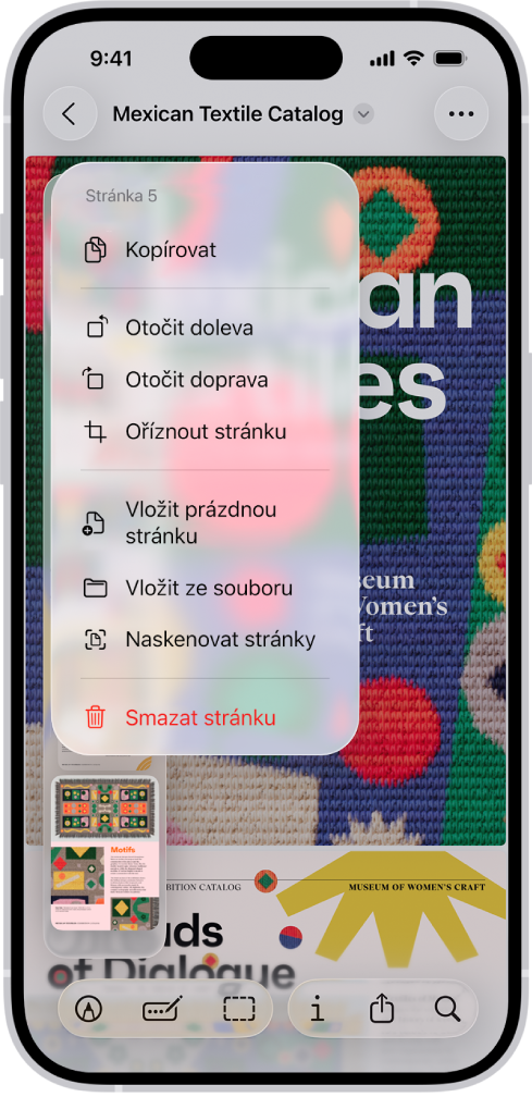 Katalog v PDF souboru s miniaturami na levé straně. Poslední miniatura je zvýrazněná a nad ní se nachází nabídka s volbami Kopírovat, Otočit doleva, Otočit doprava, Oříznout stránku, Vložit prázdnout stránku, Vložit ze souboru, Naskenovat stránky a Smazat stránku.