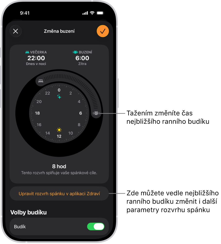 Obrazovka změny nastaveného ranního budíku. Poloha tlačítka Zvonění budíku určuje čas buzení.