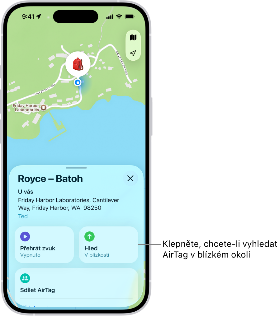 Otevřená aplikace Najít se zobrazenou polohou předmětu „Dan – klíče“ v parku Golden Gate. Klepnutím na tlačítko Hledat zahájíte hledání AirTagu ve vaší blízkosti.