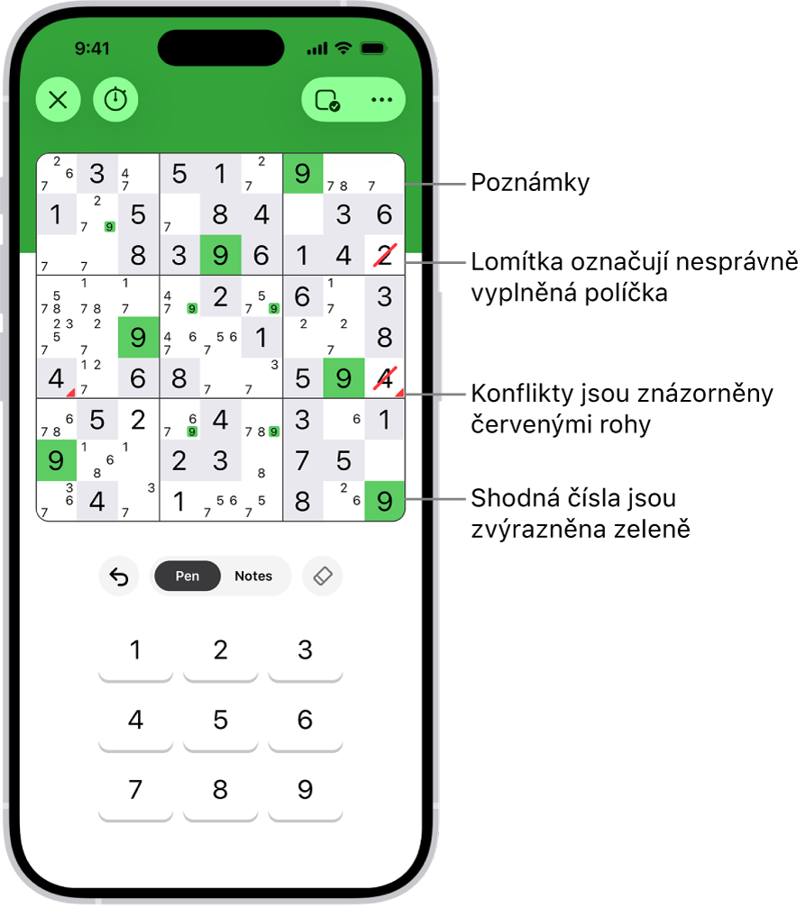 Sudoku s několika zapnutými funkcemi: poznámkami, zvýrazňováním shodných čísel, zobrazováním konfliktů a automatickou kontrolou