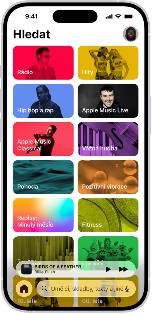 Panel Hledat s vyhledávacím polem u horního okraje. Dole se zobrazuje někoilk hudebních kategorií, například Hity a Zvuková terapie.