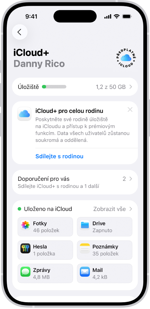 Obrazovka nastavení iCloudu s indikátorem stavu úložiště na iCloudu a seznamem aplikací a funkcí, které lze s iCloudem používat, např. Fotky, iCloud Drive nebo Záloha na iCloudu