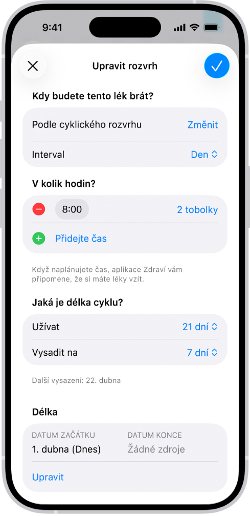 Obrazovka Léky v aplikaci Zdraví zobrazující možnosti změny rozpisu léků.