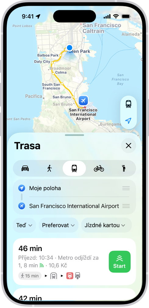 Mapa s trasami cesty veřejnou dopravou. Na kartě trasy v dolní části se zobrazují podrobné informace o trase – odhadovaná doba cesty a celková cena. Vpravo od podrobných informací je umístěné tlačítko Začít.