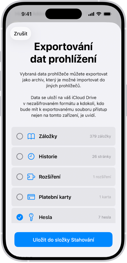 Obrazovka „Exportování dat prohlížení“ s vybranou volbou Hesla pro export do jiného správce hesel