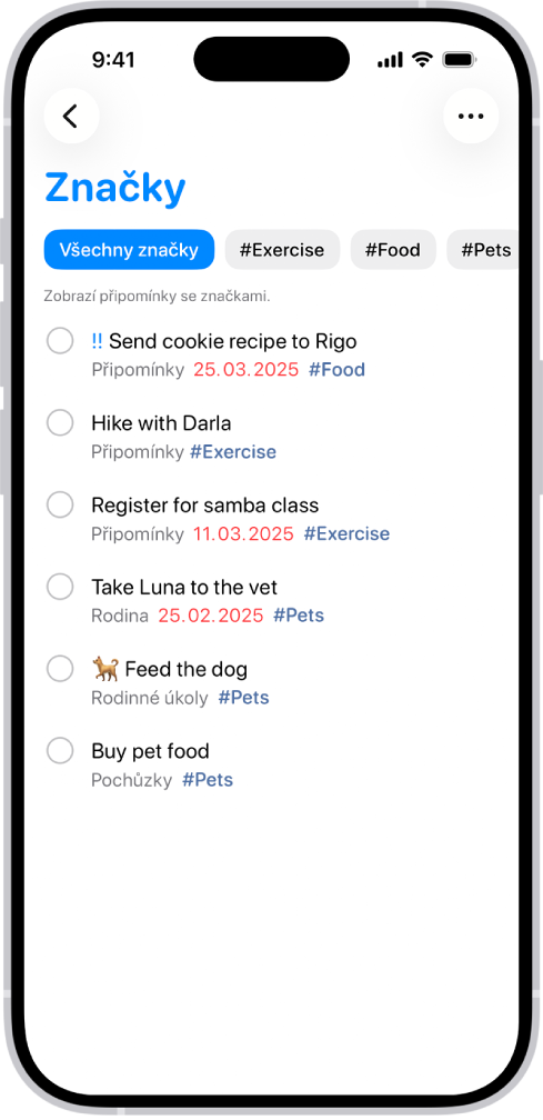 Seznam označených připomínek v aplikaci Připomínky. Na tlačítkách podél horního okraje se zobrazují další značky, které lze použít.