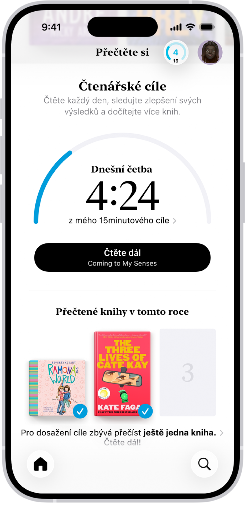 Na obrazovce Čtenářské cíle je vypsaná statistika uživatele – dnešní četba, týdenní čtenářský rekord a knihy, které uživatel letos přečetl. U dolního okraje jsou vidět panely Přečtěte si (tento panel je vybraný), Knihovna, Knihkupectví, Audioknihy a Hledat.