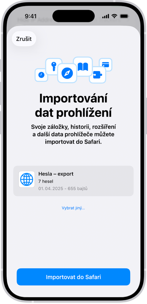 Obrazovka „Importování dat prohlížení“ s CSV souborem s hesly z jiného správce hesel, připraveným k importu