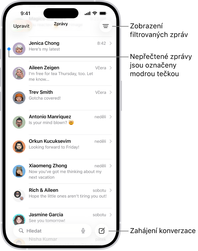Seznam konverzací v aplikaci Zprávy s tlačítkem Sestavit vpravo dole. Nepřečtené zprávy jsou označeny modrou tečkou vlevo od zprávy.