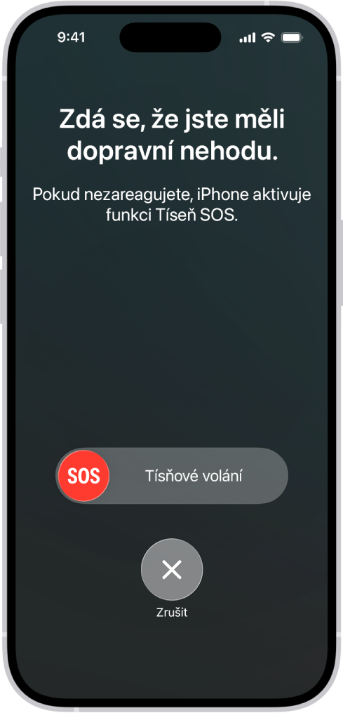 Obrazovka detekce nehody s oznámením, že došlo k nehodě. Pod oznámením se nachází jezdec Tíseň SOS a tlačítko Zrušit.