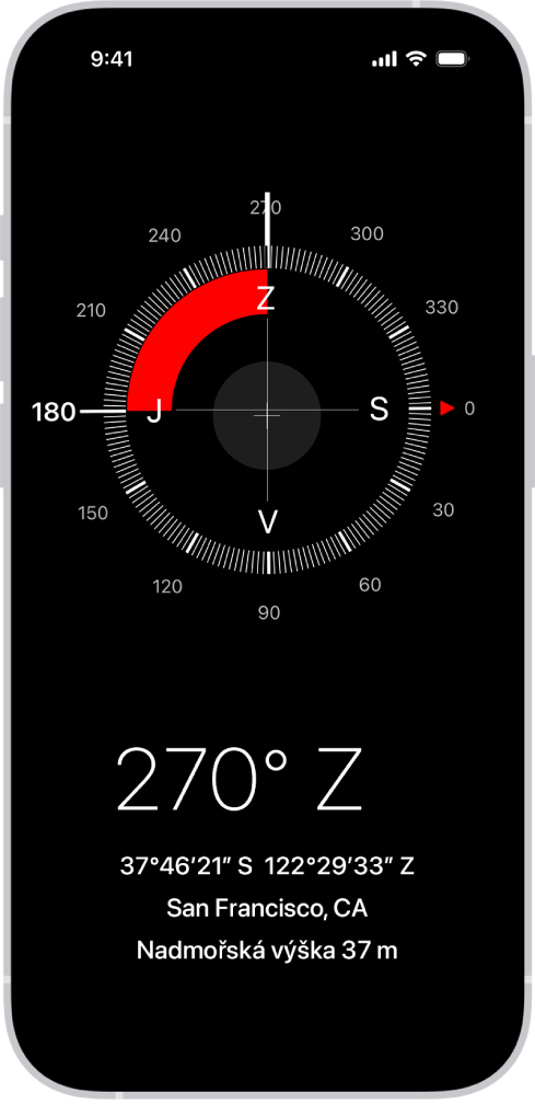 Obrazovka aplikace Kompas ukazující směr, kterým je iPhone namířený, aktuální polohu a nadmořskou výšku.