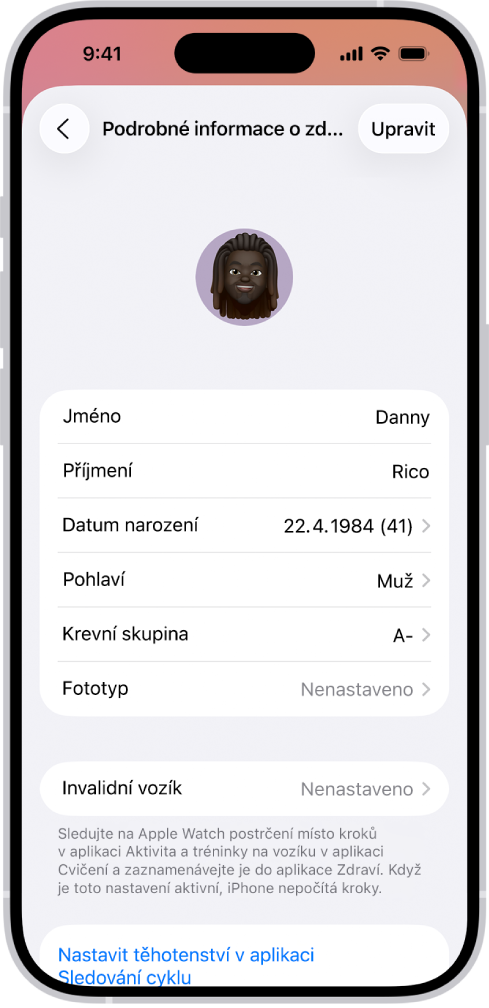 Obrazovka Podrobné informace o zdraví s poli pro jméno, datum narození, krevní skupinu a další informace