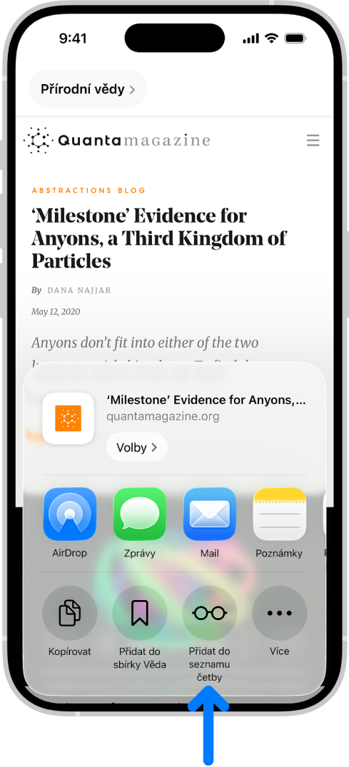 V Safari se po klepnutí na tlačítko Sdílet na webové stránce objevil seznam voleb, mimo jiné Přidat do seznamu četby