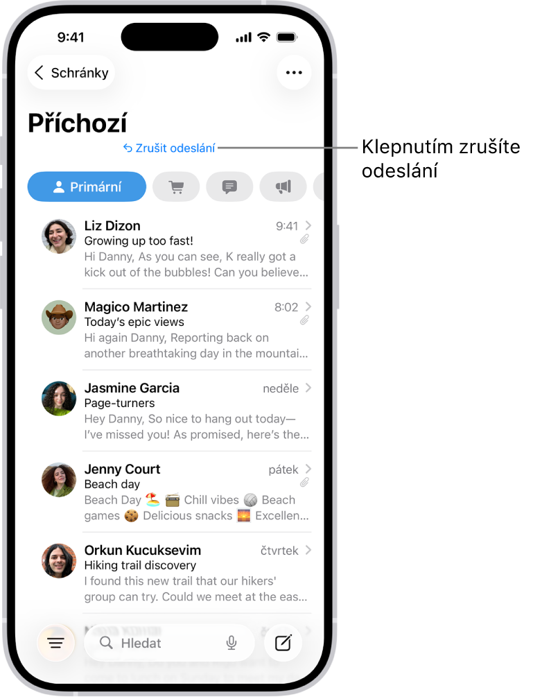 Schránka došlé pošty se seznamem zpráv. Uprostřed dolní části obrazovky je vidět tlačítko Zrušit odeslání, kterým je možné zadržet právě odeslanou zprávu.
