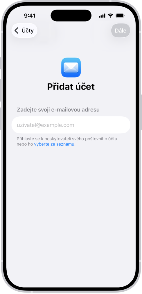 Obrazovka přidání účtu s polem určeným k zadání e‑mailové adresy