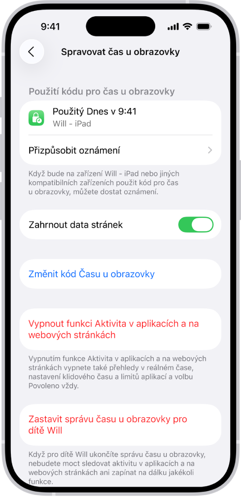 Obrazovka správy času u obrazovky pro dítě v rodině. Nahoře je uvedeno, kdy byl naposled použit přístupový kód a na kterém zařízení.