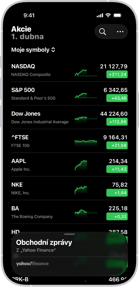 Seznam sledovaných akcií v aplikaci Akci spolu s různými akcemi. Jednotlivé řádky v seznamu obsahují (zleva doprava): symbol a název akciového titulu, graf pro vývoj kurzu, cenu akcie a změnu ceny. Vpravo nahoře je vidět vyhledávací tlačítko. V dolní části displeje je Obchodní zpravodajství.