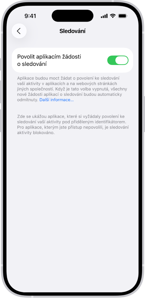 Obrazovka Sledování s nastavením, zda mohou aplikace požadovat sledování na webových stránkách nebo v aplikacích jiných společností.