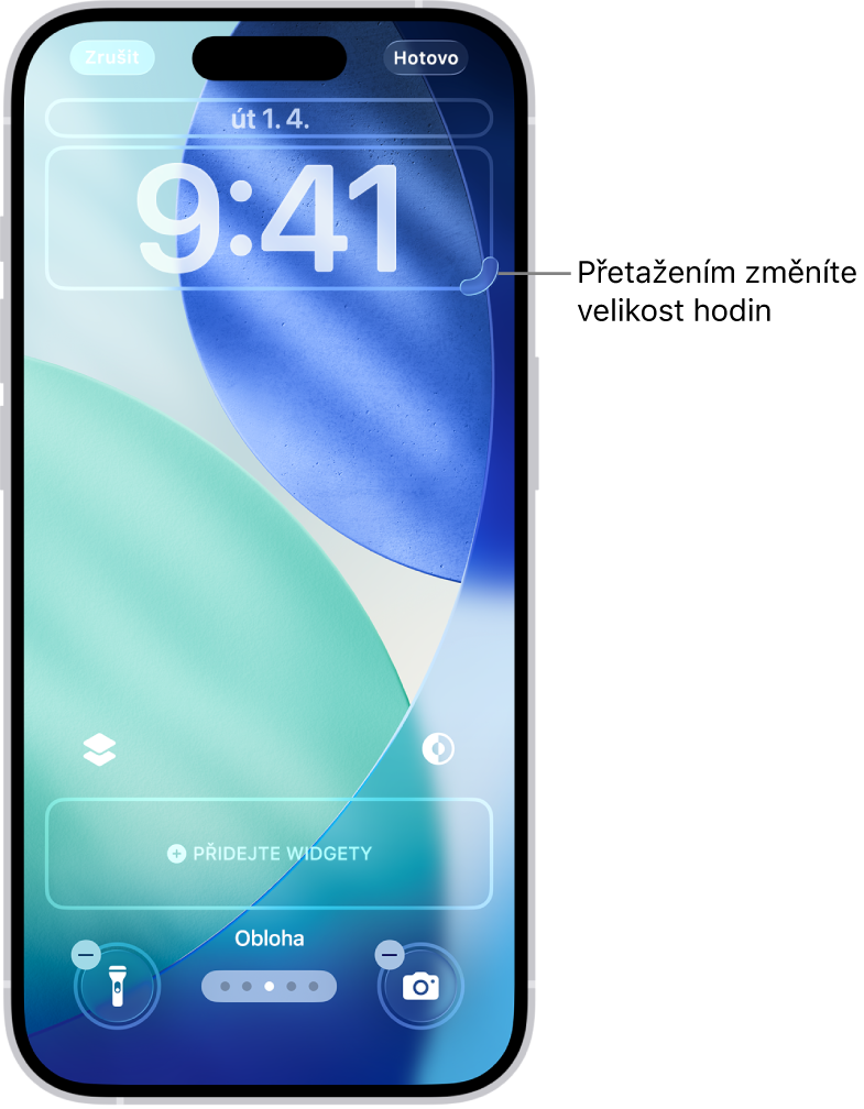 Vlastní uzamčená obrazovka v procesu úprav. Na obrazovce jsou vybrané prvky, které lze přizpůsobit – datum, čas a tlačítko pro přidání widgetů.