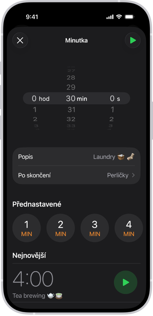 Obrazovka přidání minutky s volbami pro nastavení minutky a tlačítkem pro spuštění nedávno vytvořené minutky