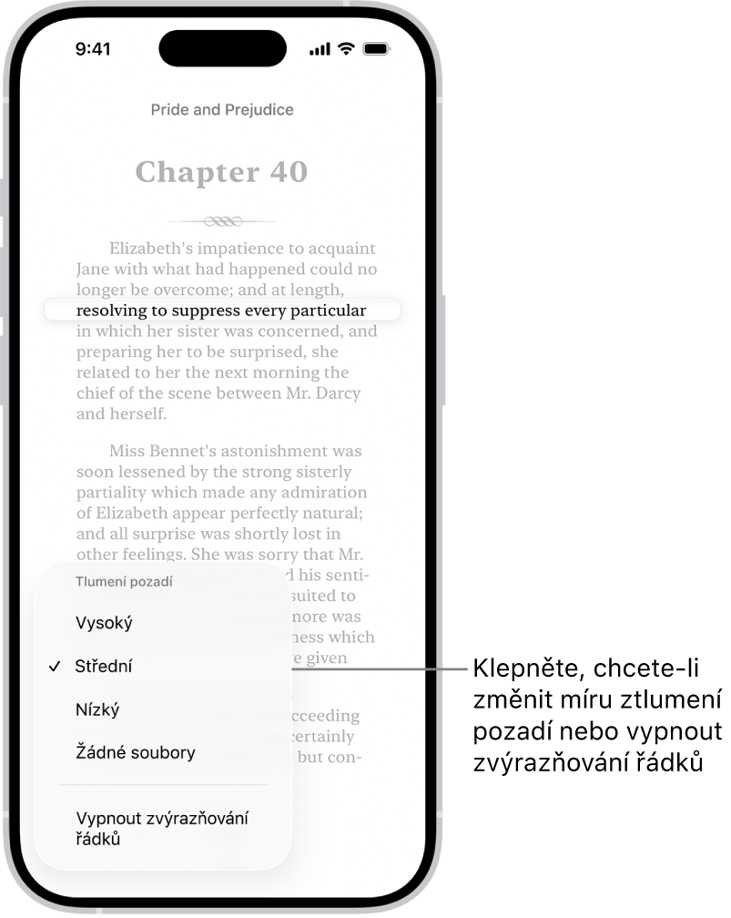Stránka knihy v aplikaci Knihy. Jeden řádek textu je zvýrazněný a zbytek stránky je tmavý. V levém dolním rohu obrazovky je vidět tlačítko nabídky Zvýrazňování řádků.