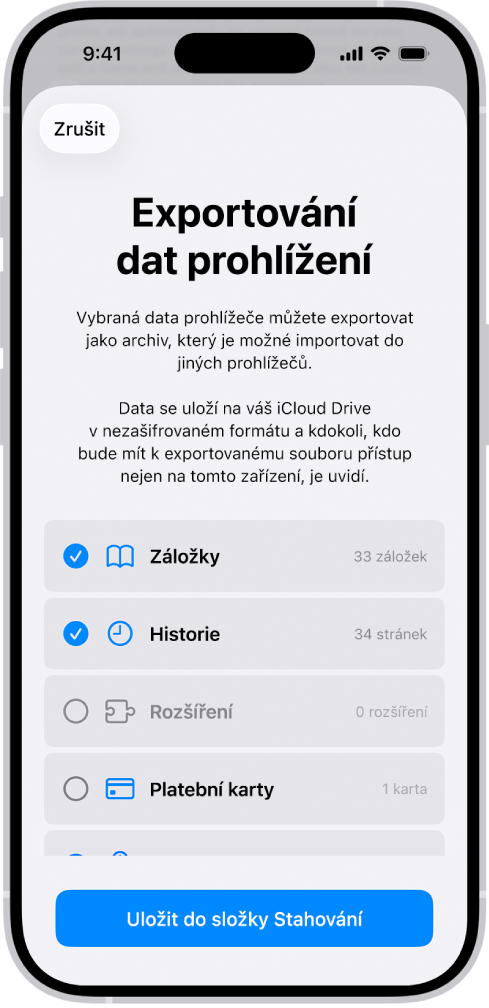 Obrazovka Exportování dat prohlížení s daty, která můžete ze Safari exportovat do jiného prohlížeče
