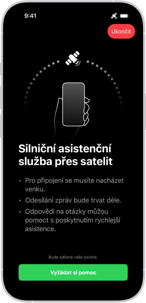 Obrazovka silniční asistenční služby přes satelit. V dolní části obrazovky je vidět tlačítko Vyžádat si pomoc.