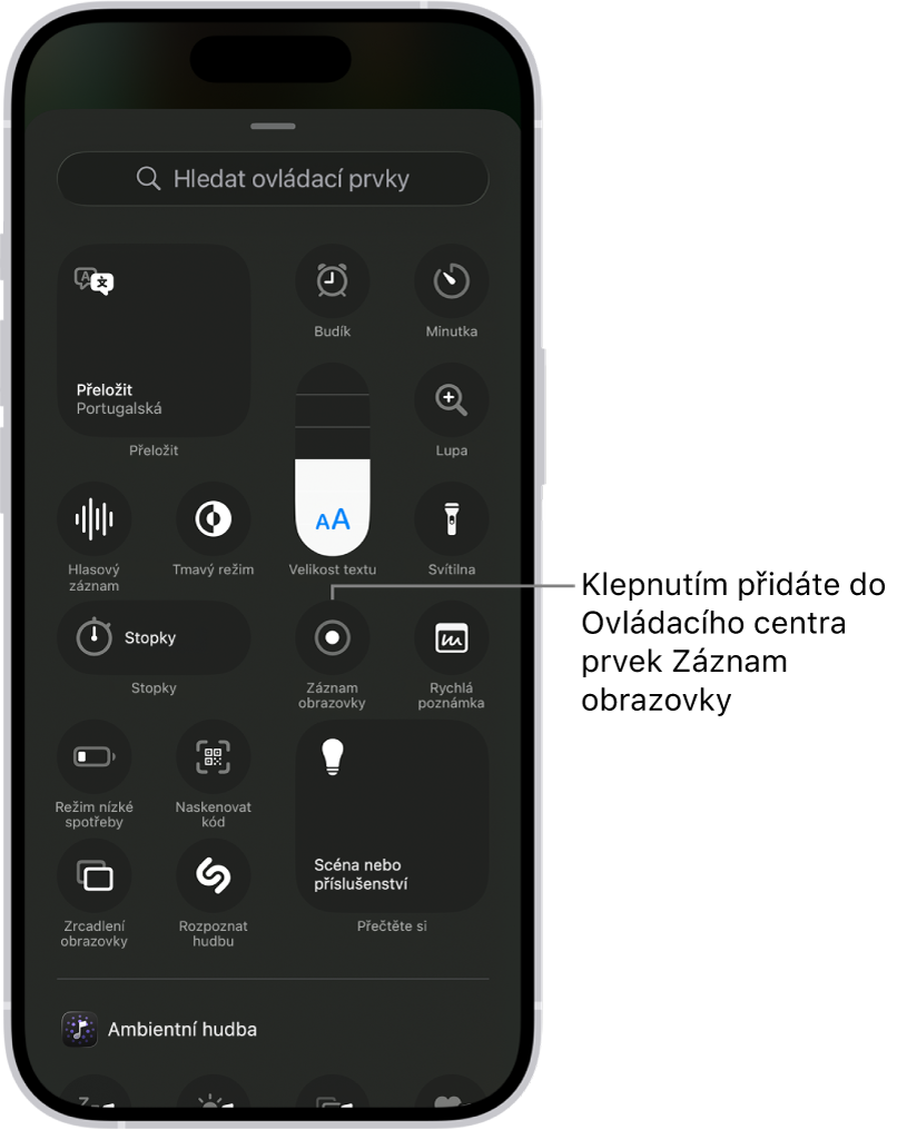 Obrazovka s ovládacími prvky, které můžete přidat do Ovládacího centra. Tlačítko Záznam obrazovky je umístěné poblíž středu.